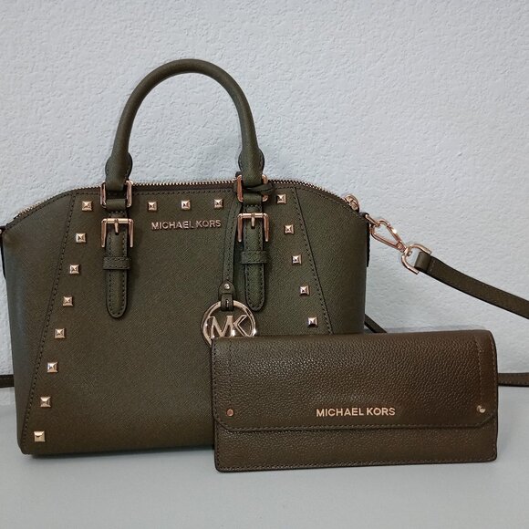 MICHAEL KORS- Olive Green Hand Bag With Matching Wallet - Picture 1 of 9